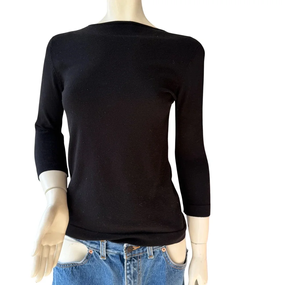 Vintage Black Knit Top Boat Neck 3/4 Sleeve Minimalist Office Siren 90s Y2K S - Picture 1 of 8